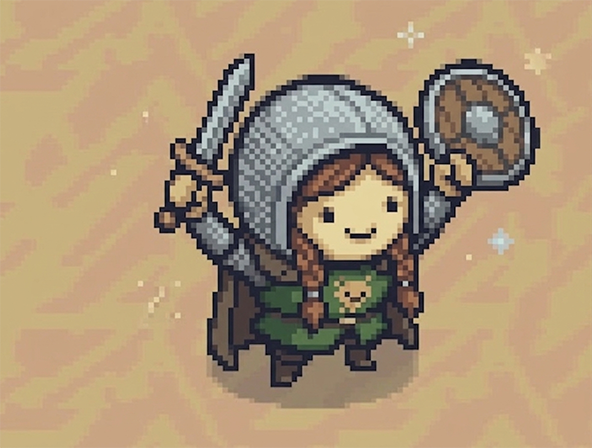 Pixel-art hero raising a sword and shield in triumph.