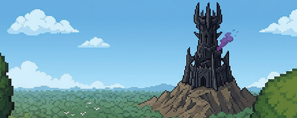 A pixel-art landscape: a tall, dark, jagged boss's tower rising from a rocky peak above a green forest under a cloudy blue sky.