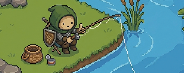 A top-down pixel-art scene: a smiling hooded hero fishing at a grassy riverbank, with a wicker basket and reeds by the blue water.