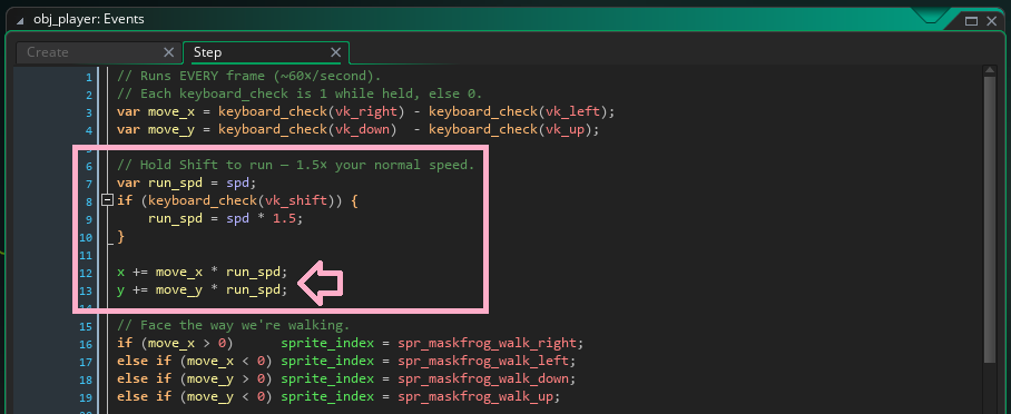 The obj_player Step event in GameMaker, showing the run_spd block and the movement lines using run_spd.