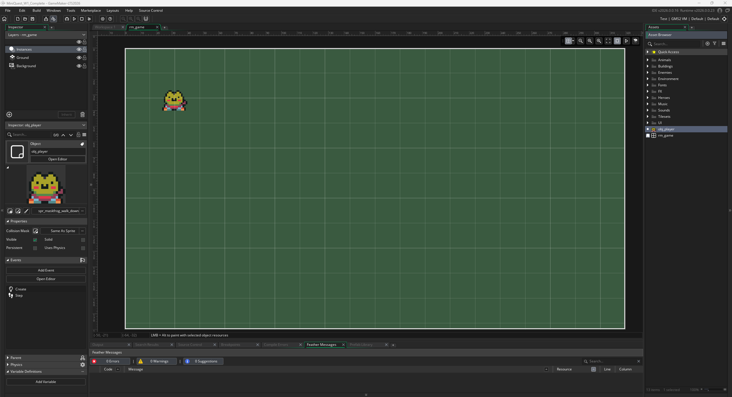 The GameMaker workspace, with panels for the room, the asset browser, and the player object, and the pixel-art hero placed in a green room.