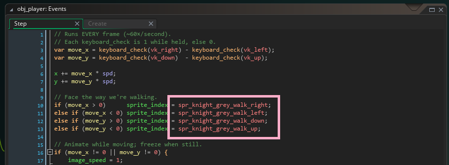 The obj_player Step event in GameMaker, with the facing block updated to use the spr_knight_grey_walk sprites.