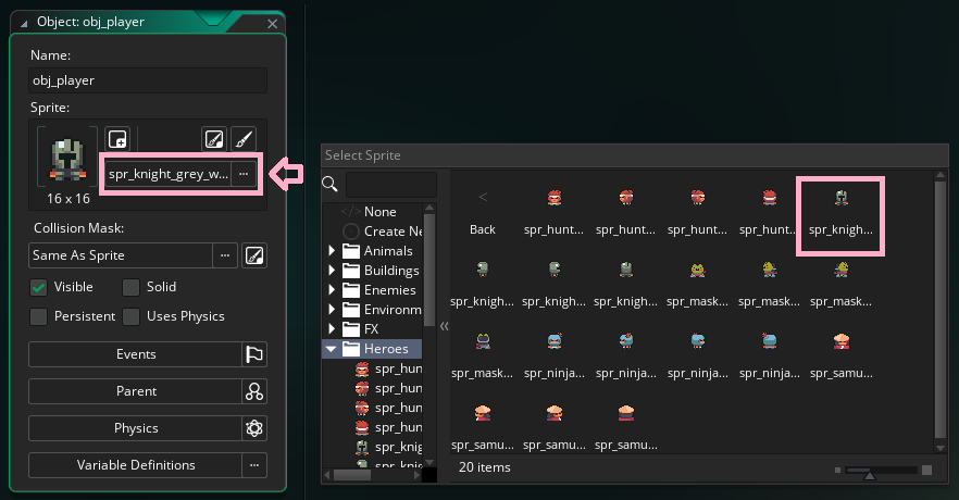 The obj_player object editor in GameMaker with the Select Sprite window open, choosing a knight sprite from the Heroes folder.