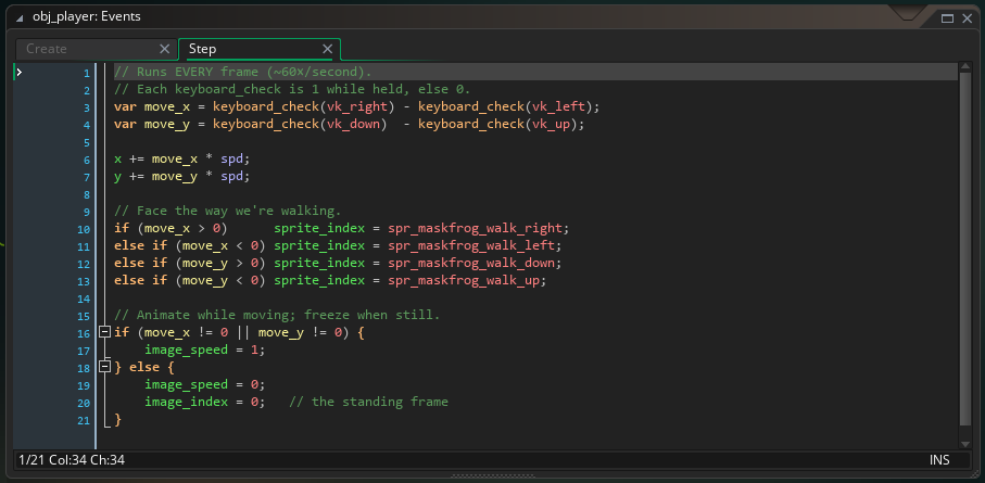 GameMaker code in the player's Step event: reading the arrow keys to move, facing the way the hero walks, and animating while moving.