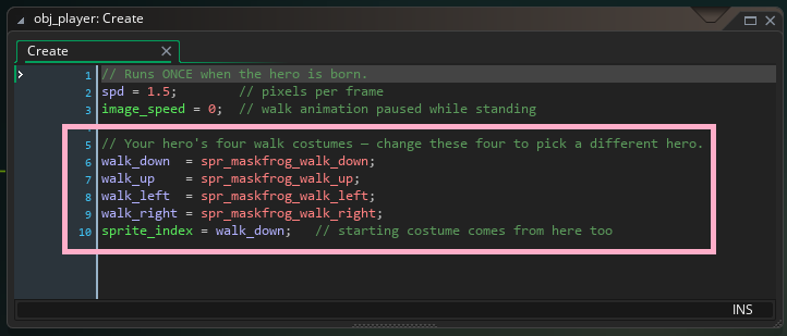 The obj_player Create event in GameMaker, with the four walk_down, walk_up, walk_left, and walk_right costume variables and the starting sprite_index highlighted.