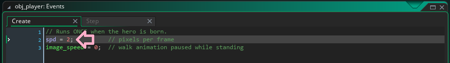 The obj_player Create event in GameMaker, with the line spd = 2; highlighted.