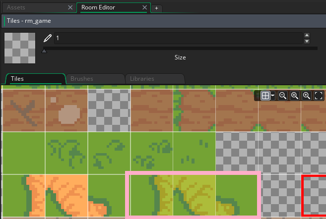 The GameMaker tileset palette, with more light-green grass tiles highlighted lower down.