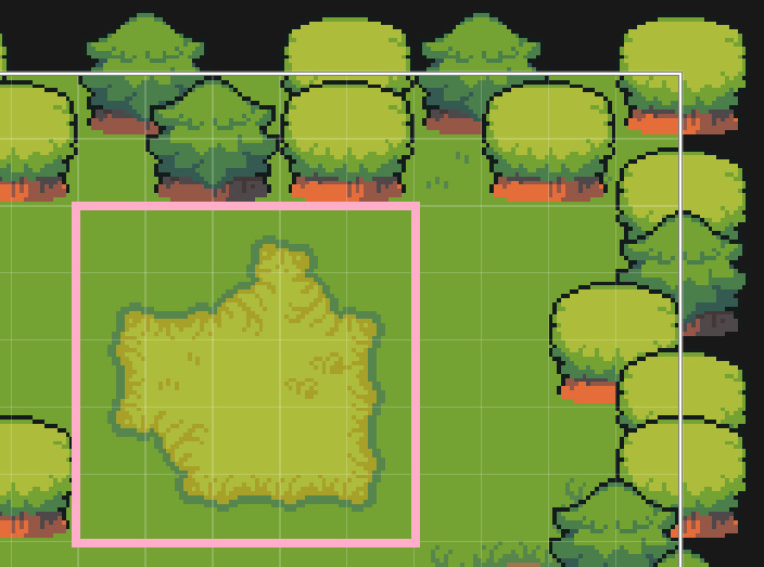 The forest clearing with a patch of lighter-green grass painted into it, highlighted.