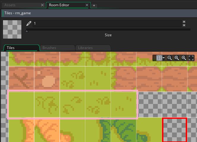 The GameMaker tileset palette, with a row of light-green grass tiles highlighted.