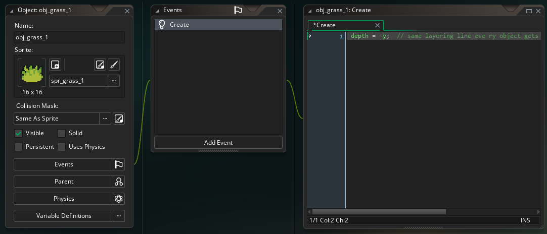 The obj_grass_1 object in GameMaker, with the sprite spr_grass_1 assigned and a Create event holding the depth = -y; layering line.