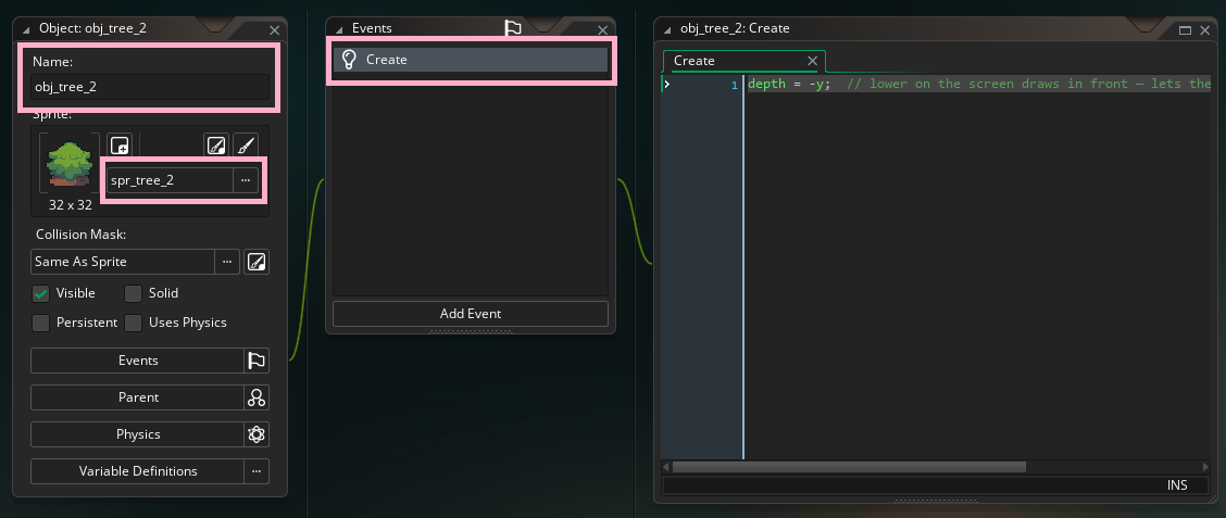 The obj_tree_2 object in GameMaker, with the sprite spr_tree_2 assigned and a Create event holding the depth = -y; layering line.