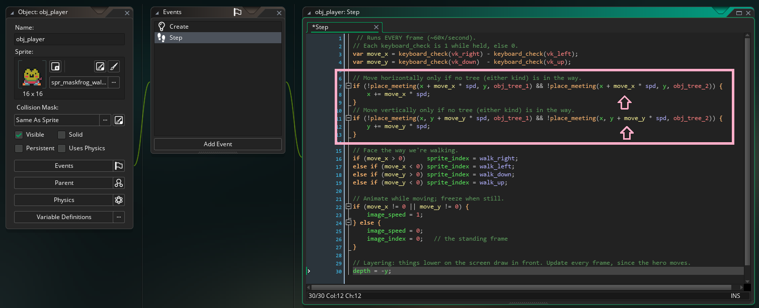 The obj_player Step event in GameMaker, with the two collision lines highlighted, each now checking obj_tree_1 and obj_tree_2 together.