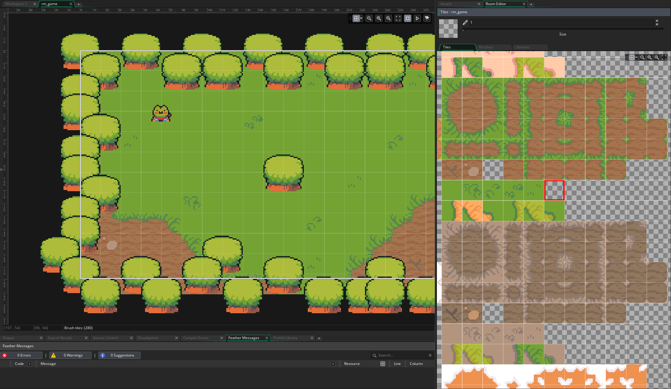 The GameMaker room editor, showing the decorated forest clearing being built with a painted floor and a planted tree border, the tileset open on the right.