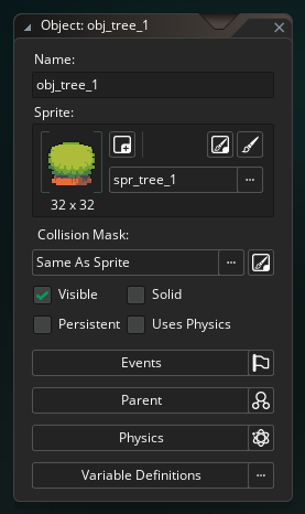 The obj_tree_1 object editor in GameMaker, with the spr_tree_1 sprite assigned.