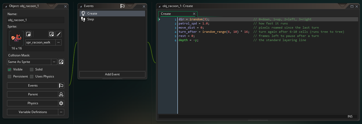 The obj_racoon_1 object in GameMaker with the sprite spr_racoon_walk assigned.