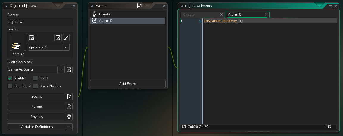 The obj_claw Alarm 0 event in GameMaker, with instance_destroy().