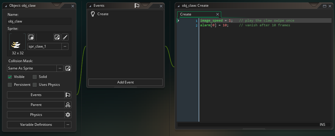 The obj_claw Create event in GameMaker, with image_speed = 1 and alarm[0] = 10.