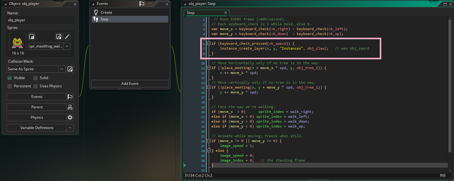 The obj_player Step event in GameMaker, with the swing line now creating obj_claw instead of obj_sword.