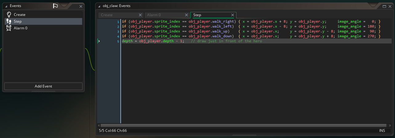 The obj_claw Step event in GameMaker, positioning the claw on the side the hero faces with image_angle set per direction.