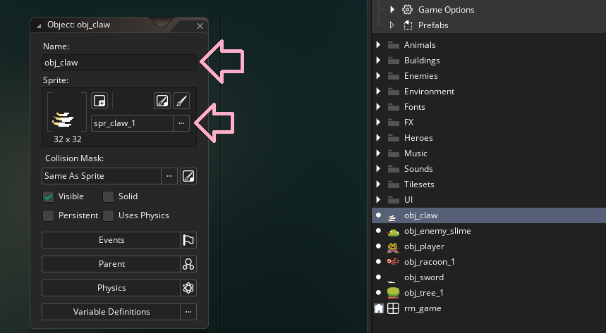 The obj_claw object in GameMaker with the sprite spr_claw_1 assigned.