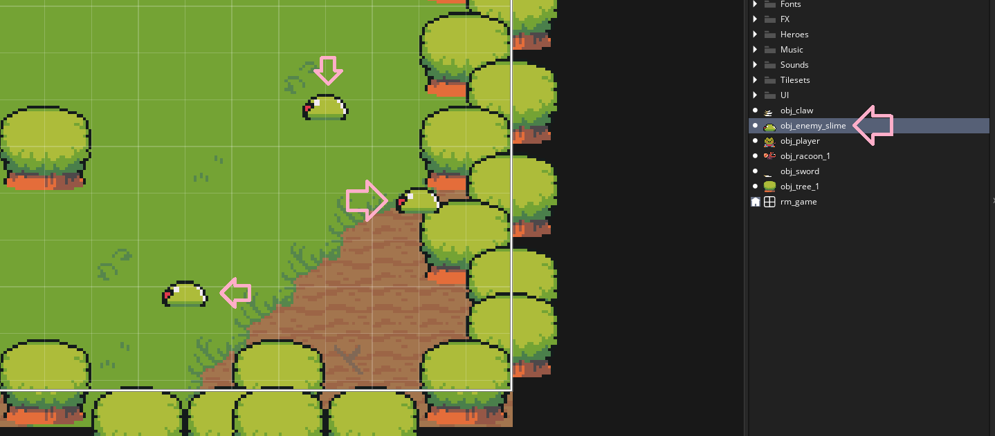 The forest clearing in GameMaker with several green slimes placed around it, ready for the hero to battle.