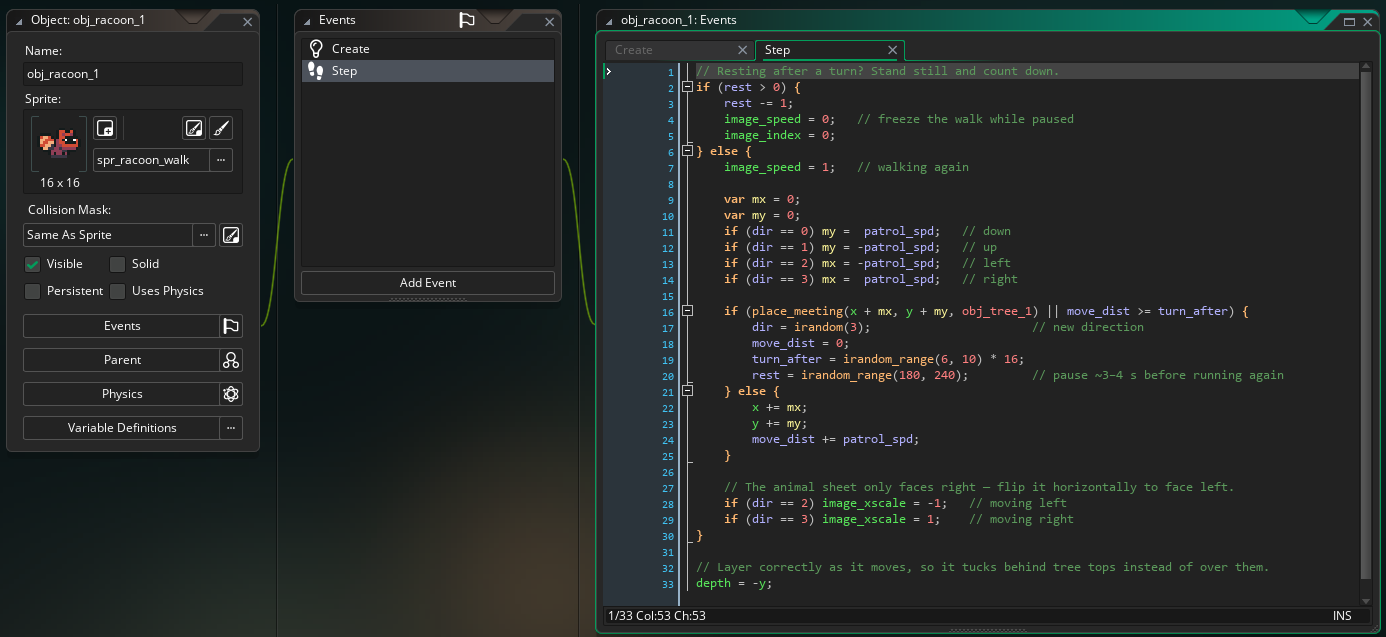 The obj_racoon_1 Step event in GameMaker, with the roaming code, a rest pause after each turn, and a horizontal flip so it faces left or right.