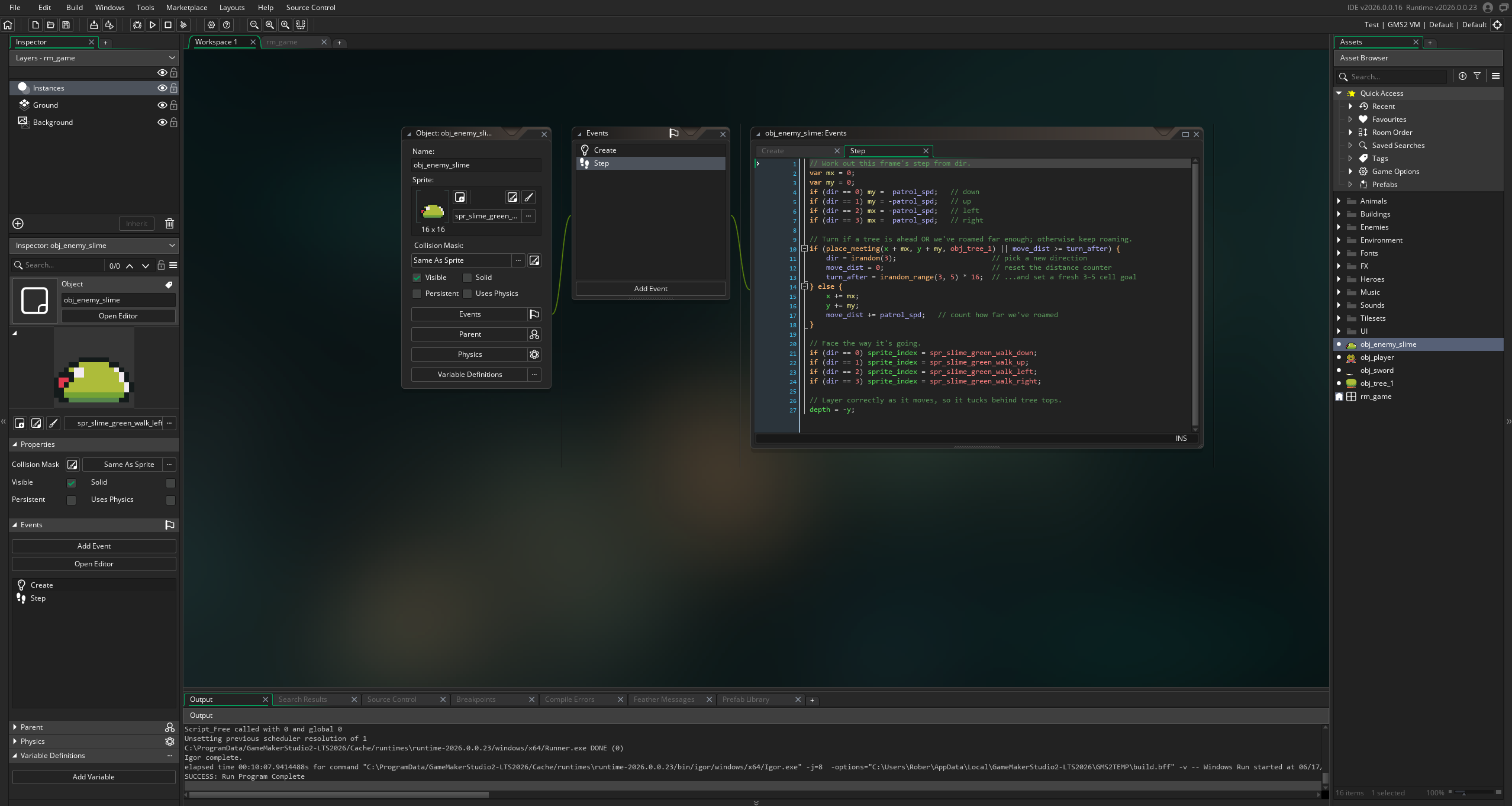 The GameMaker workspace showing the obj_enemy_slime object and its Step event, holding the pasted patrol code that makes the slime roam and turn around the forest.