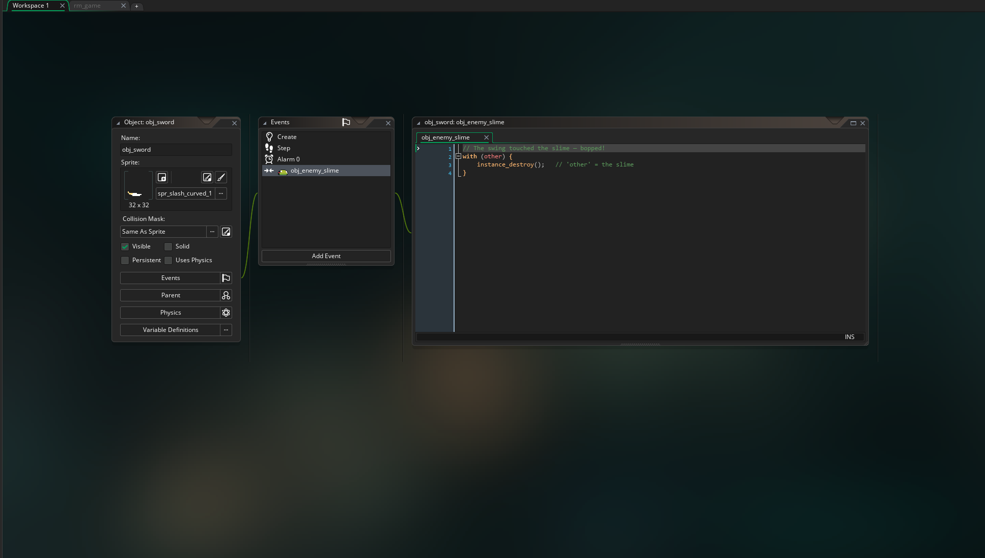 The obj_sword object in GameMaker with a Collision event for obj_enemy_slime, running with (other) instance_destroy() to defeat the slime on contact.