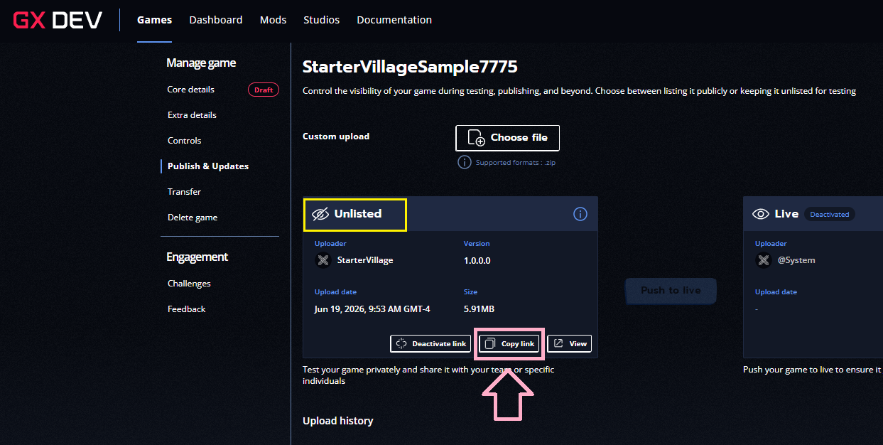 The Copy link button on GX Dev, which copies the private link to share the game.