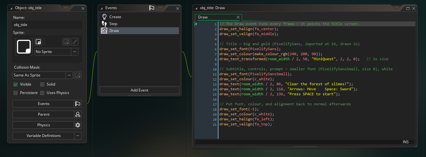 The obj_title object in GameMaker with a Draw event that paints the title screen text - the game's name, the controls, and a Press SPACE to start prompt.