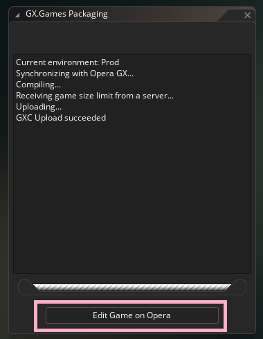 The Edit Game on Opera button at the bottom of the GX.Games Packaging window.
