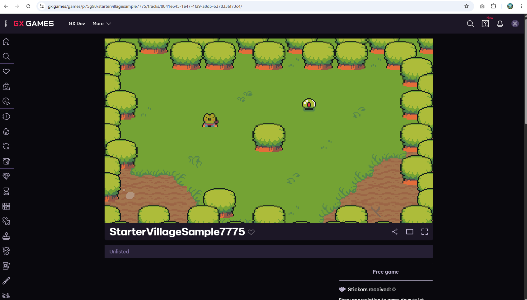 The finished MiniQuest game playing online in a web browser via its private GX.games link.