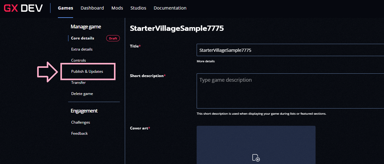 The Publish & Updates page on GX Dev, with the game's version set to Unlisted.