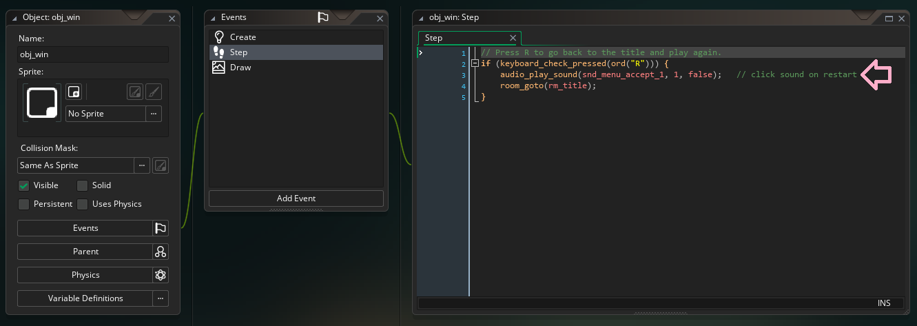The obj_win Step event in GameMaker, with the audio_play_sound(snd_menu_accept_1, ...) line added so pressing R to restart plays a click sound.