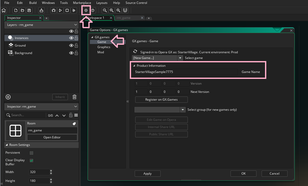 The GX.games section of Game Options in GameMaker, with New Game selected and a unique Game Name set.