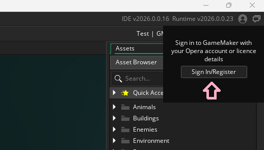 GameMaker's top-right corner, with the account button used to sign in highlighted.