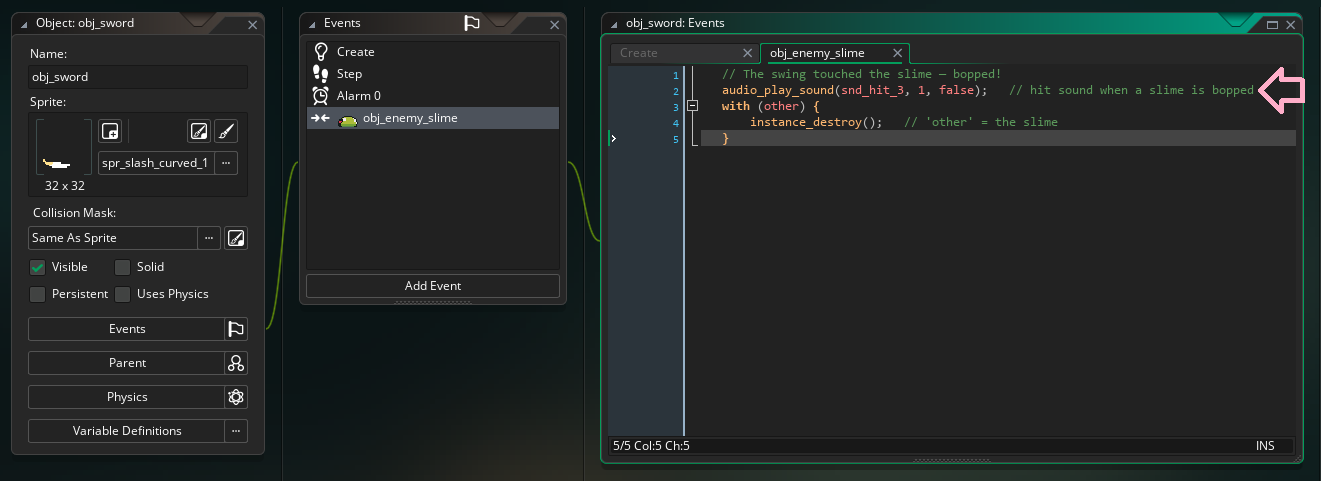 The obj_sword Collision event with obj_enemy_slime in GameMaker, with the audio_play_sound(snd_hit_3, ...) line added so a bopped slime plays a hit sound.