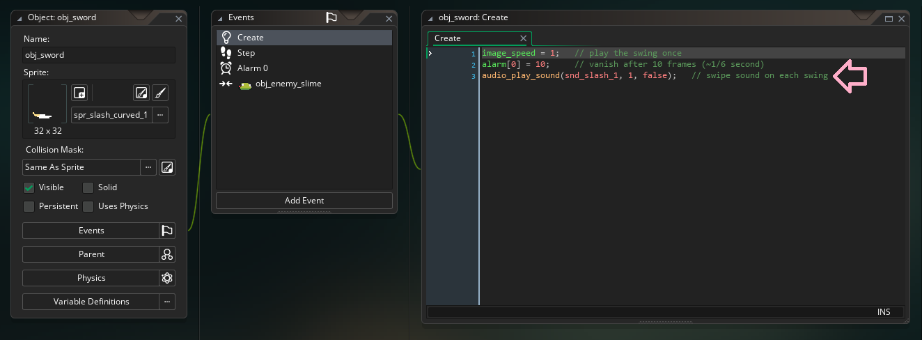 The obj_sword Create event in GameMaker, with the audio_play_sound(snd_slash_1, ...) line added so the sword plays a swipe sound on each swing.