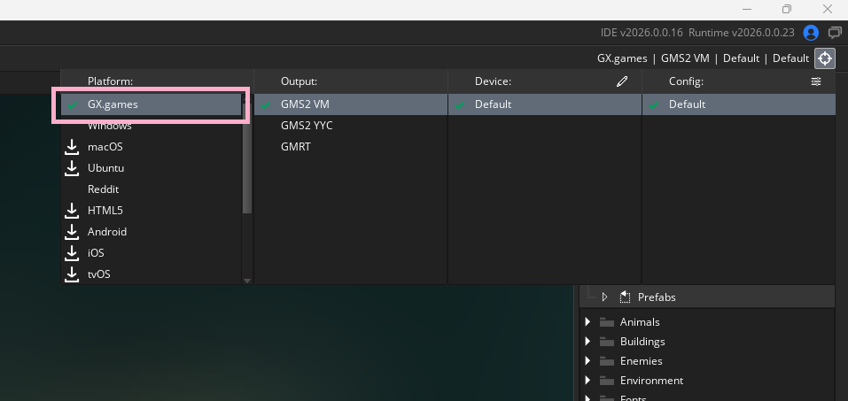 GameMaker's Target button at the top-right, with GX.games chosen as the build target.