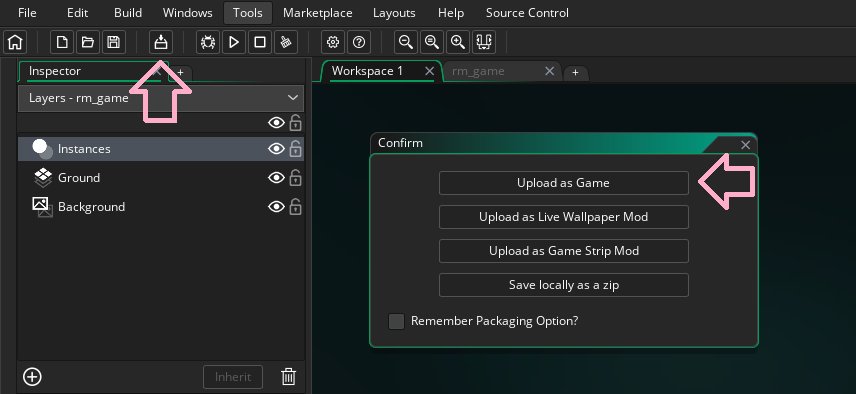 The GX.Games Packaging window in GameMaker, showing the upload finishing with a GXC Upload succeeded message.