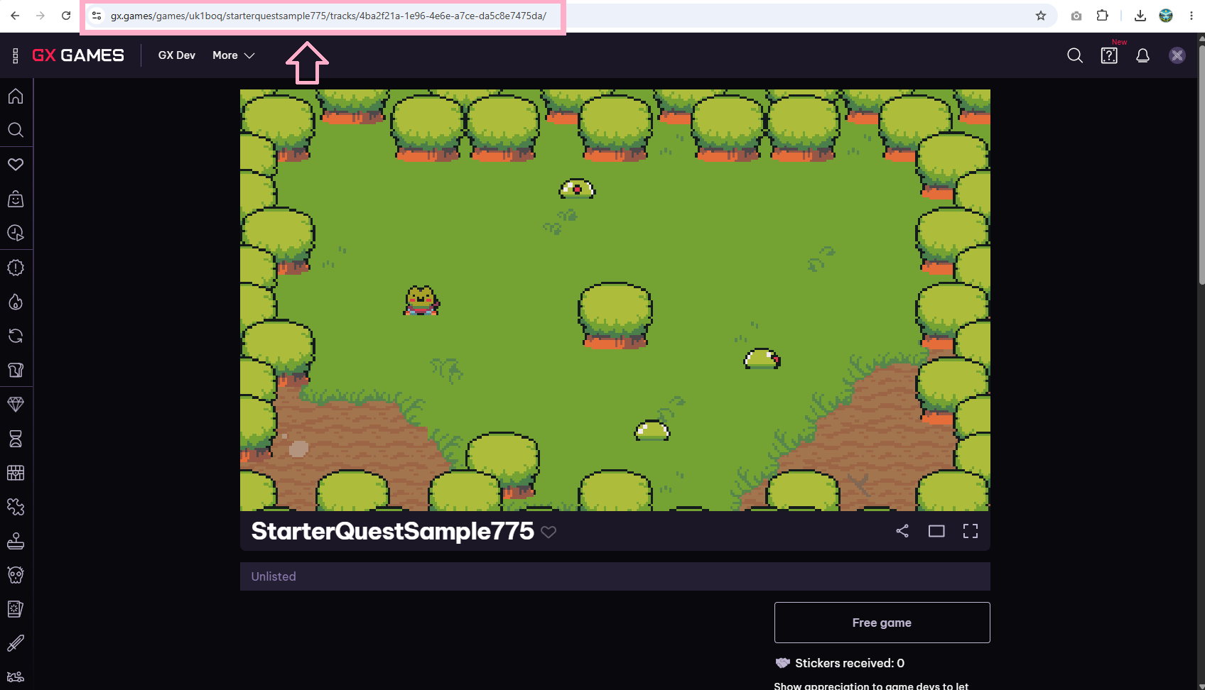 The finished MiniQuest game published on GX.games and playing in a web browser, showing the hero in the forest clearing among slimes, marked Unlisted.