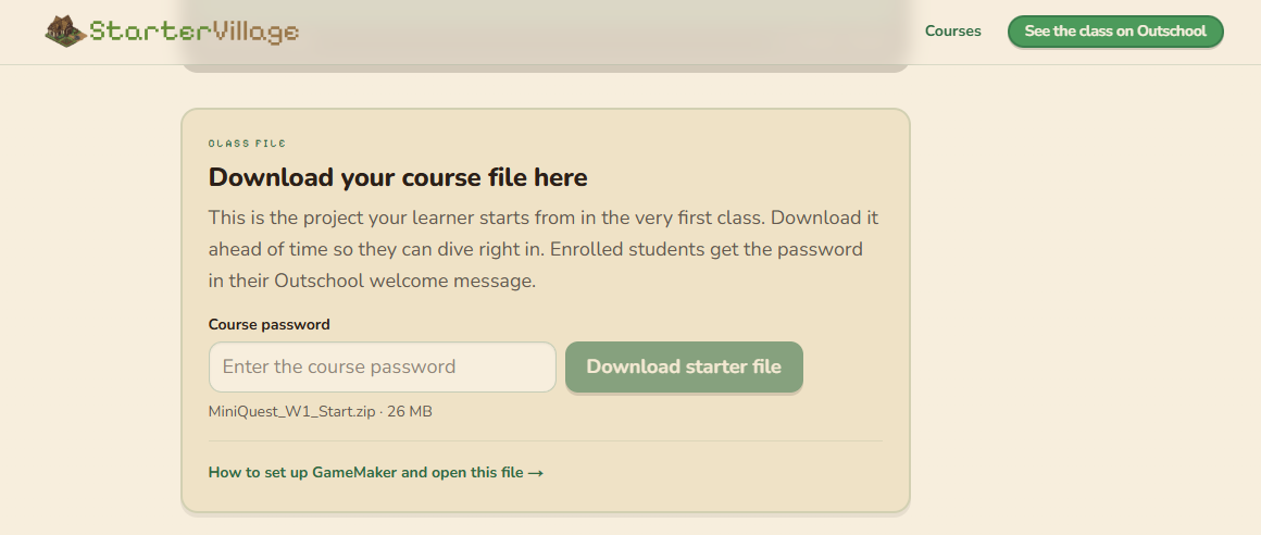 The StarterVillage Class file box on a class page, with the course password field and the Download starter file button.