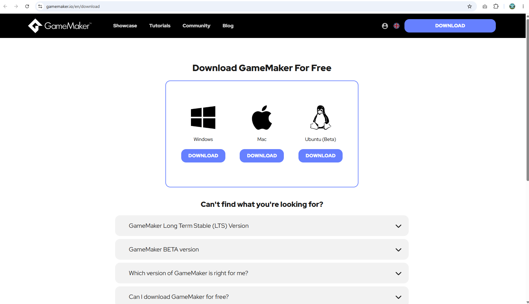 The GameMaker download page at gamemaker.io, with Download buttons for Windows, Mac, and Ubuntu.