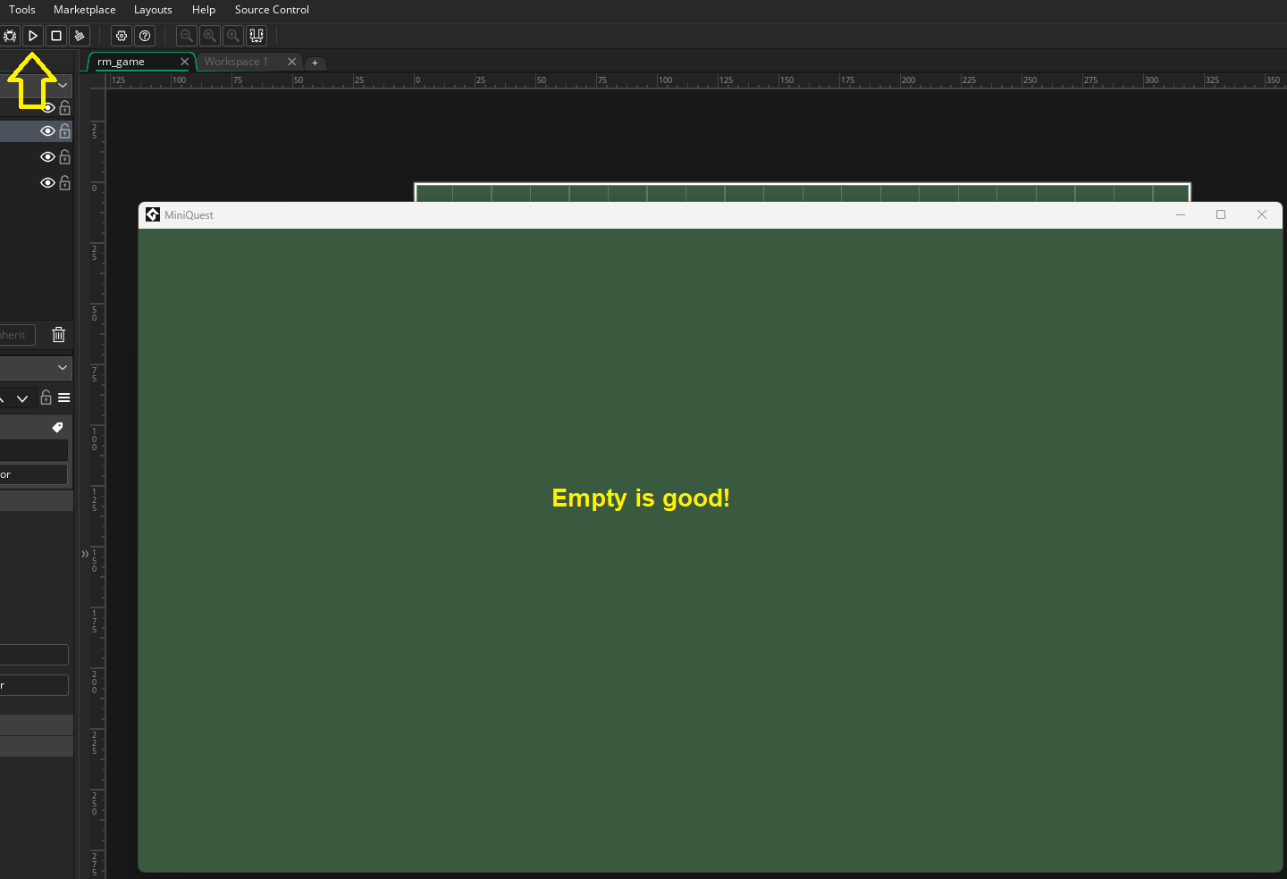 The project open in GameMaker with the game running in a window, and a yellow arrow pointing to the Play button at the top.