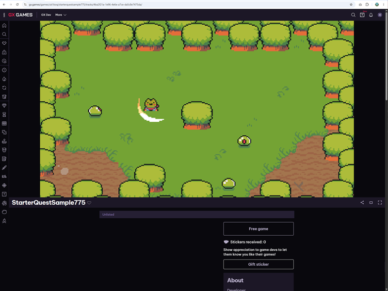 The finished game published online on GX.games, shown on the game's web page.
