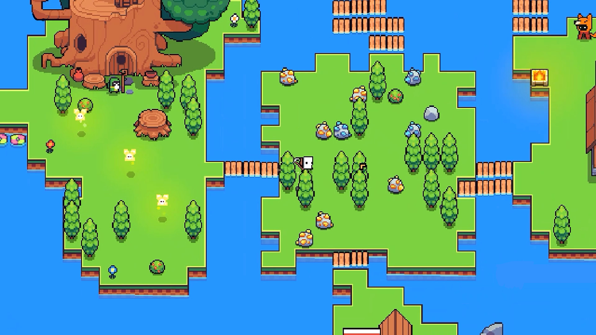 Screenshot from Forager, a published GameMaker game by HopFrog. A top-down pixel-art world of small connected island biomes on bright blue water: a giant tree-house, characters and animals, forests with fairy lights, rocks and minerals, and wooden bridges between islands.