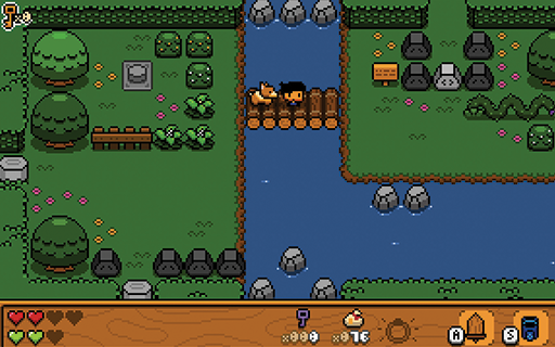Screenshot from Hatchwell, a published GameMaker game by Adrian Corpuz. A top-down pixel-art scene: a small stone cottage with a thatched roof, a character standing by the door, a stone well to the right, a cow and a pig grazing on grass, potted plants, and a wooden-fenced vegetable plot in the foreground.