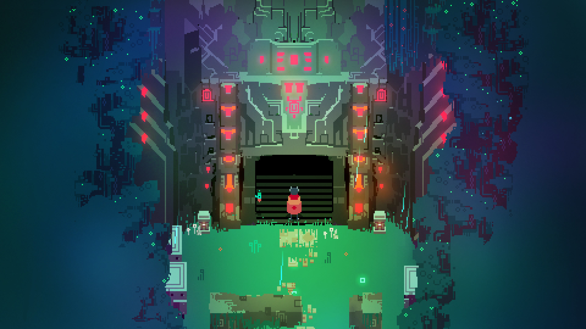 Screenshot from Hyper Light Drifter, a published GameMaker game by Heart Machine. A cloaked pixel-art character stands at the entrance of a vast, atmospheric temple structure lit by red and orange lights, with green grass in the foreground and a dark blue starry void beyond.