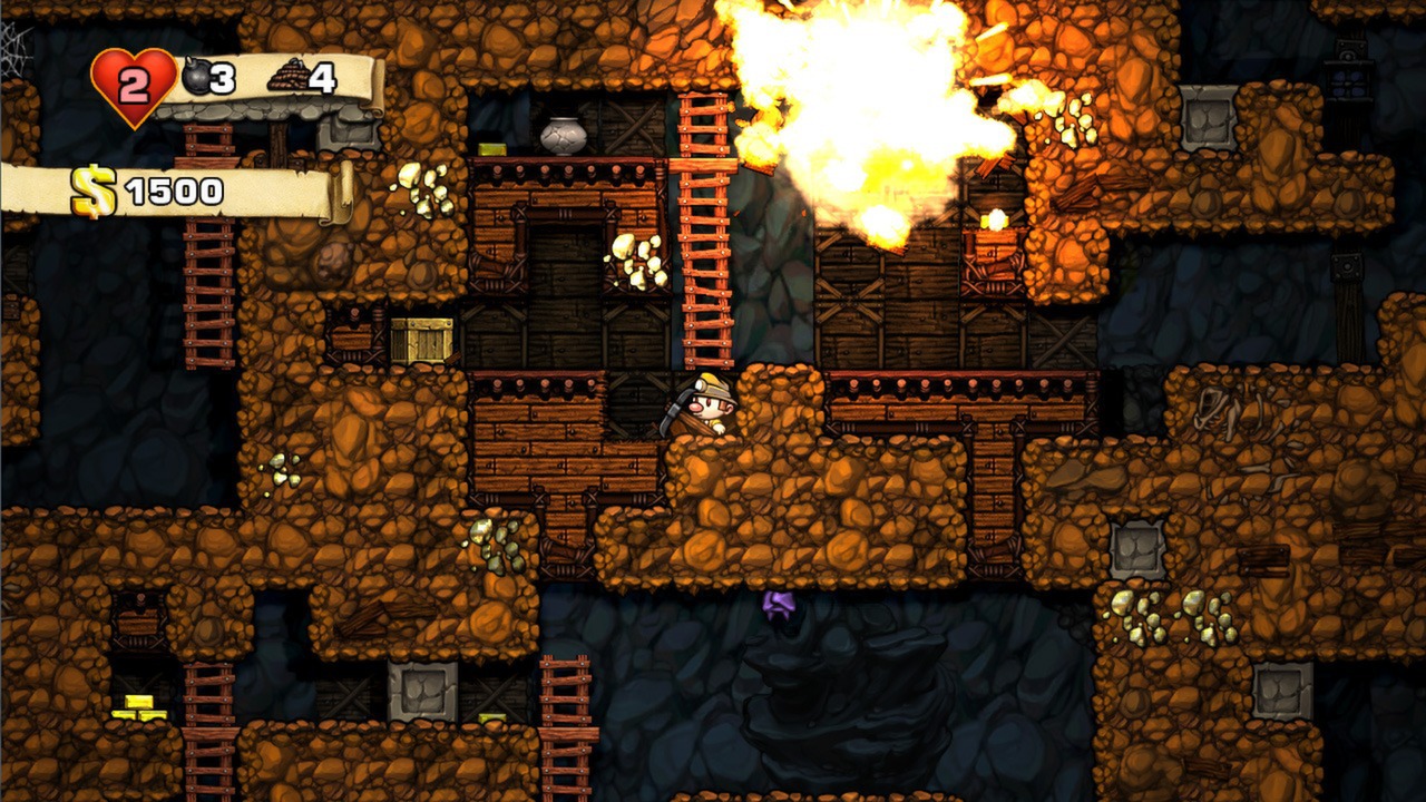 Screenshot from Spelunky, a published GameMaker platformer by Mossmouth. An explorer in a pith helmet stands on a wooden ledge inside a cave level full of rocks, ladders, crates, and burning torches. The HUD shows 2 hearts, 3 bombs, 4 ropes, and $1,500.