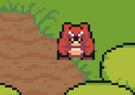 Pixel-art angry red enemy monster on the grass beside a tree.